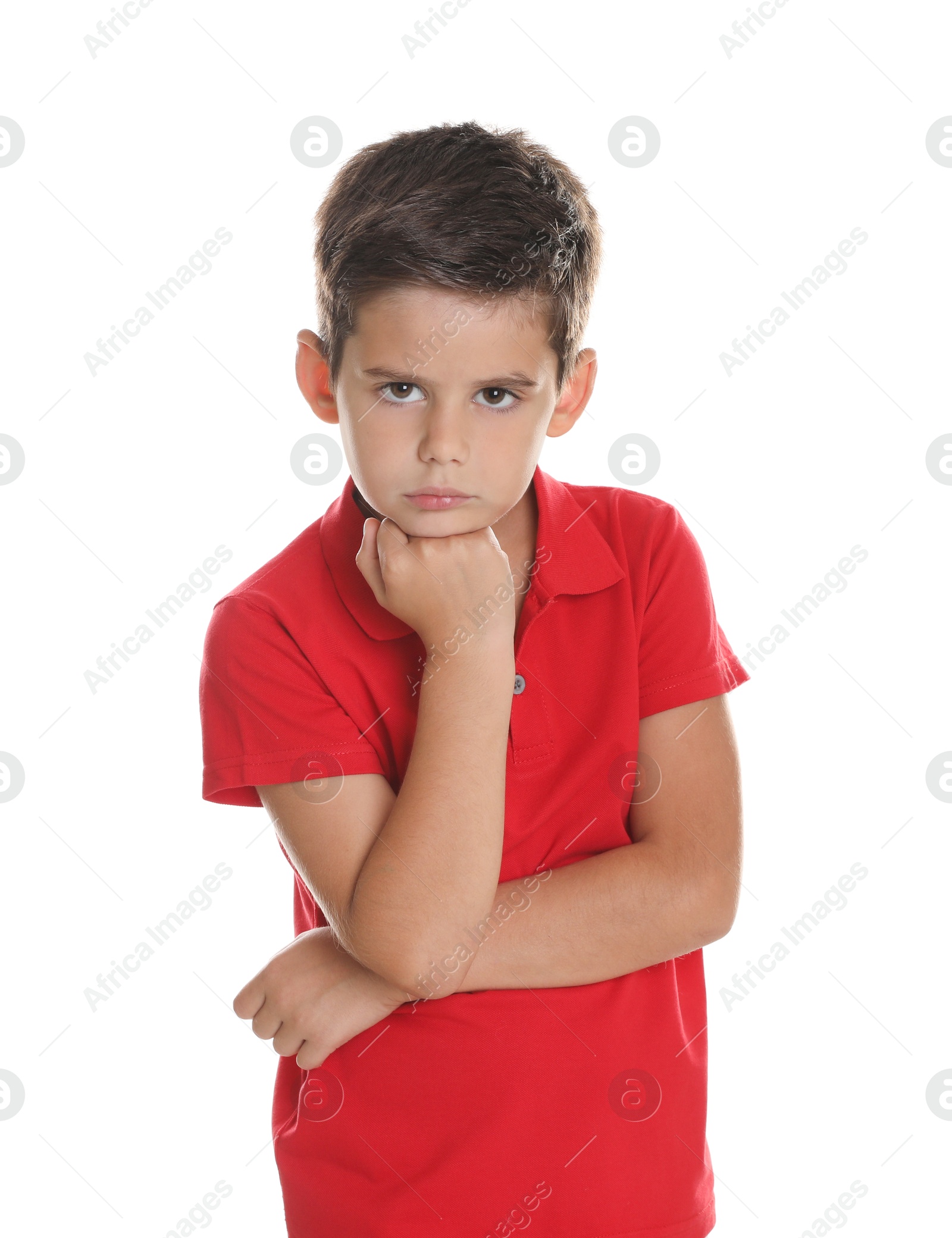 Photo of Portrait of cute little boy on white background