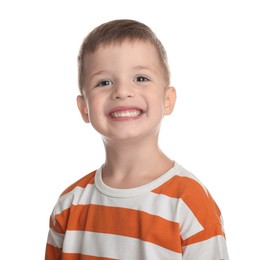 Photo of Portrait of cute little boy on white background