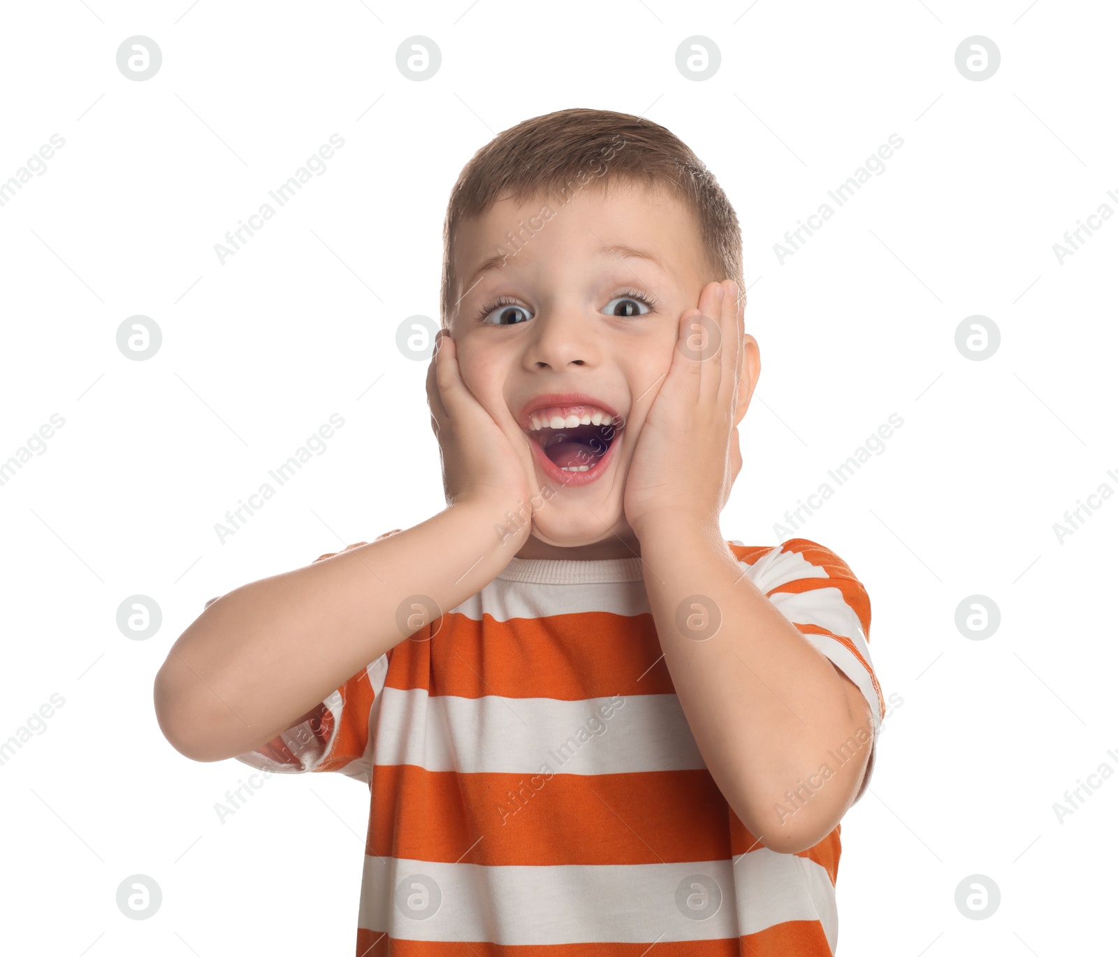 Photo of Portrait of cute little boy on white background