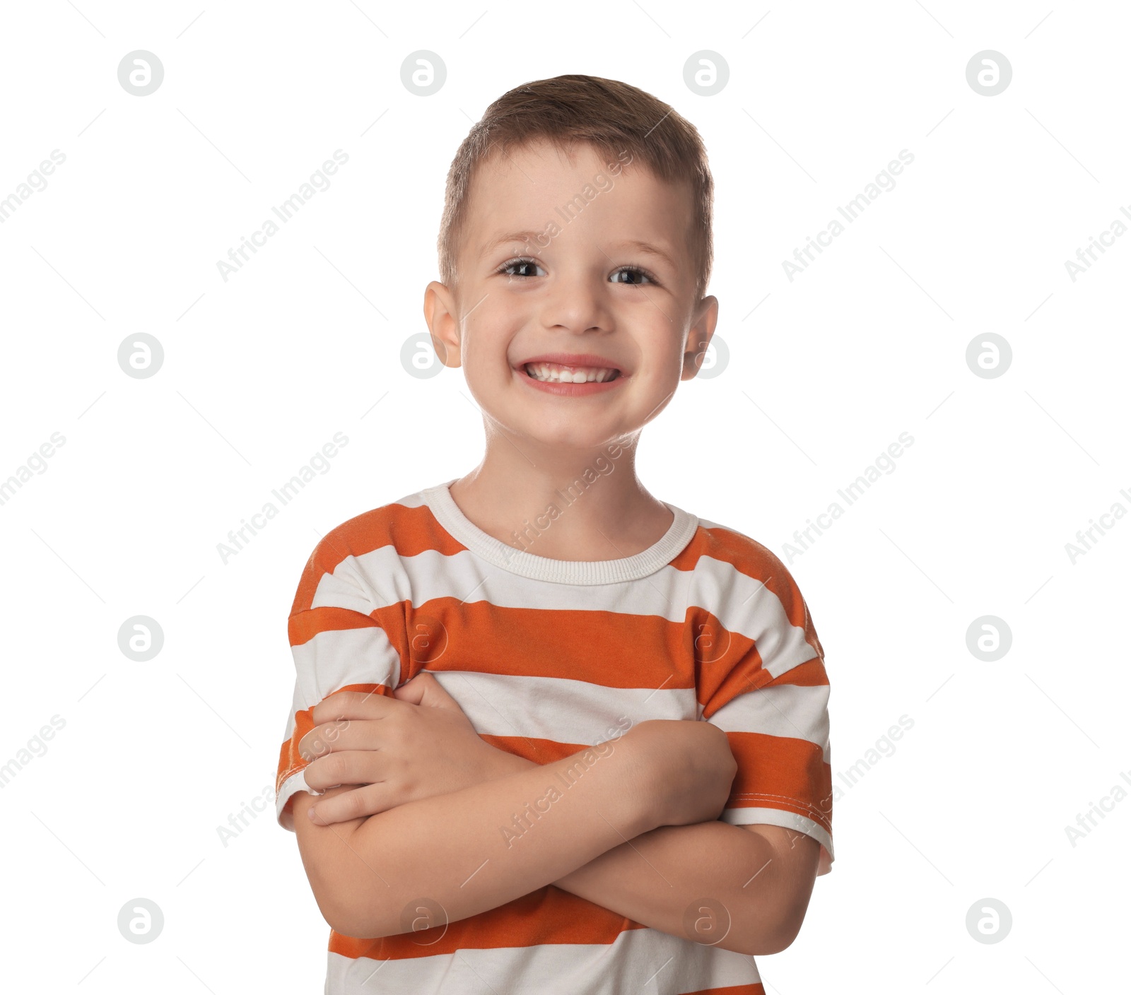 Photo of Portrait of cute little boy on white background