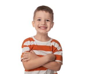 Photo of Portrait of cute little boy on white background