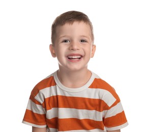 Photo of Portrait of cute little boy on white background