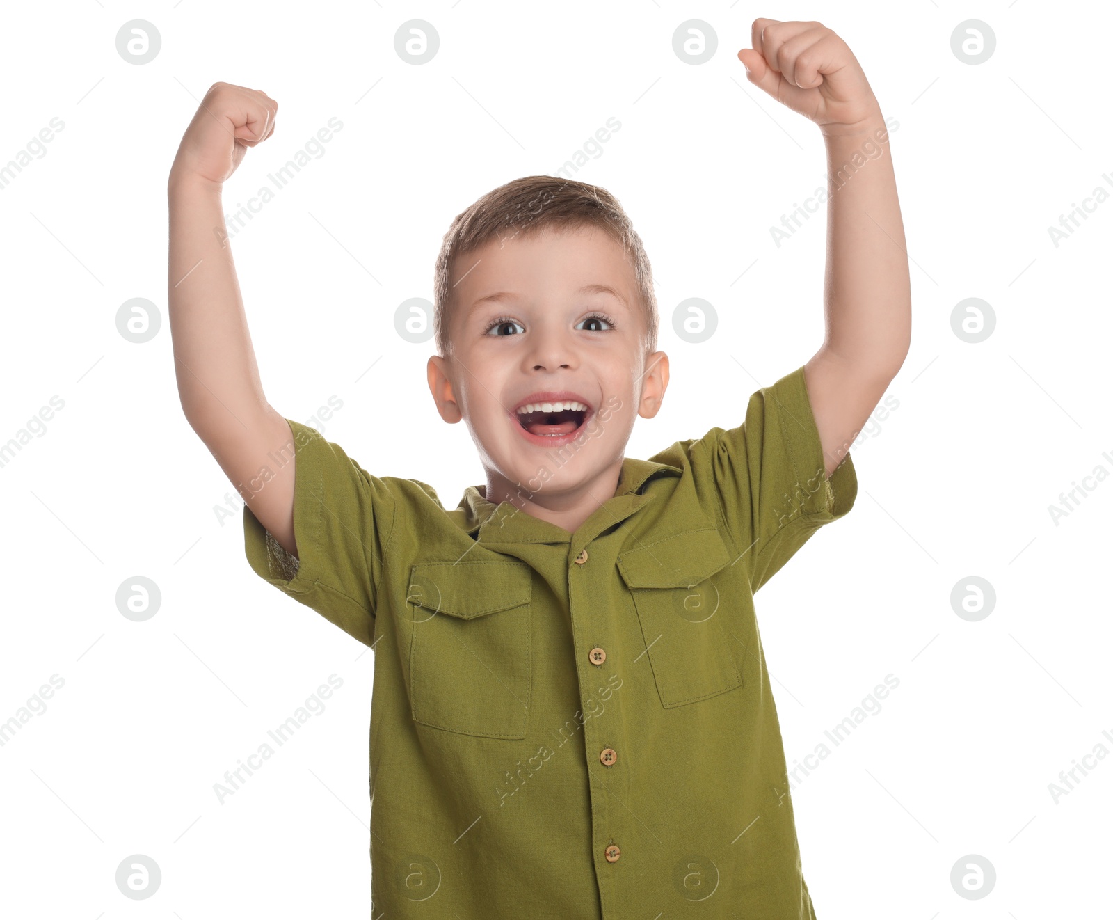 Photo of Portrait of cute little boy on white background