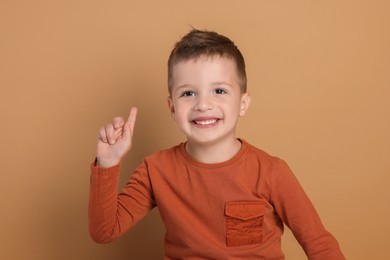 Portrait of cute little boy on pale background