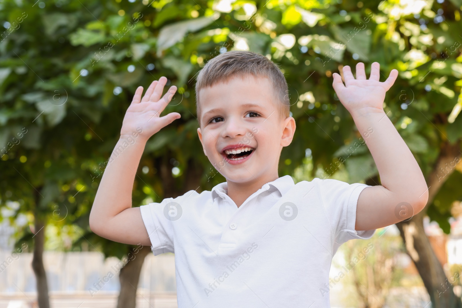 Photo of Portrait of little boy outdoors. Cute child