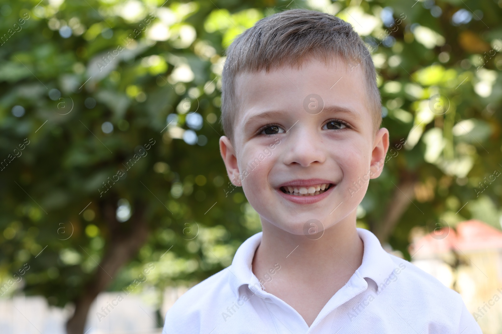 Photo of Portrait of little boy outdoors, space for text