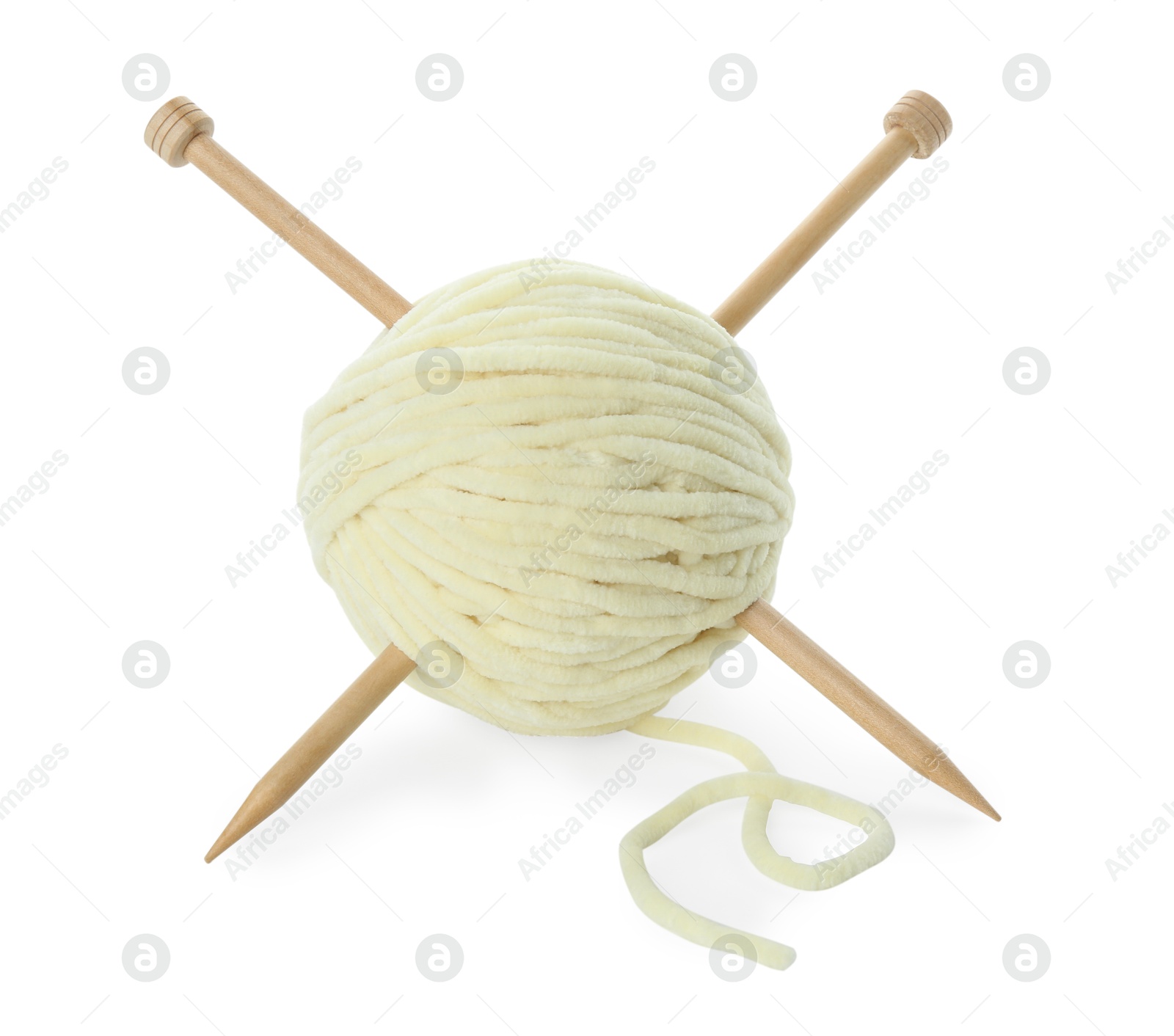 Photo of Skein of soft yarn and knitting needles isolated on white