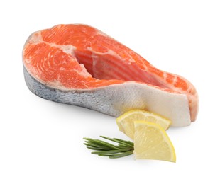 Photo of Fresh salmon steak, lemon and rosemary isolated on white