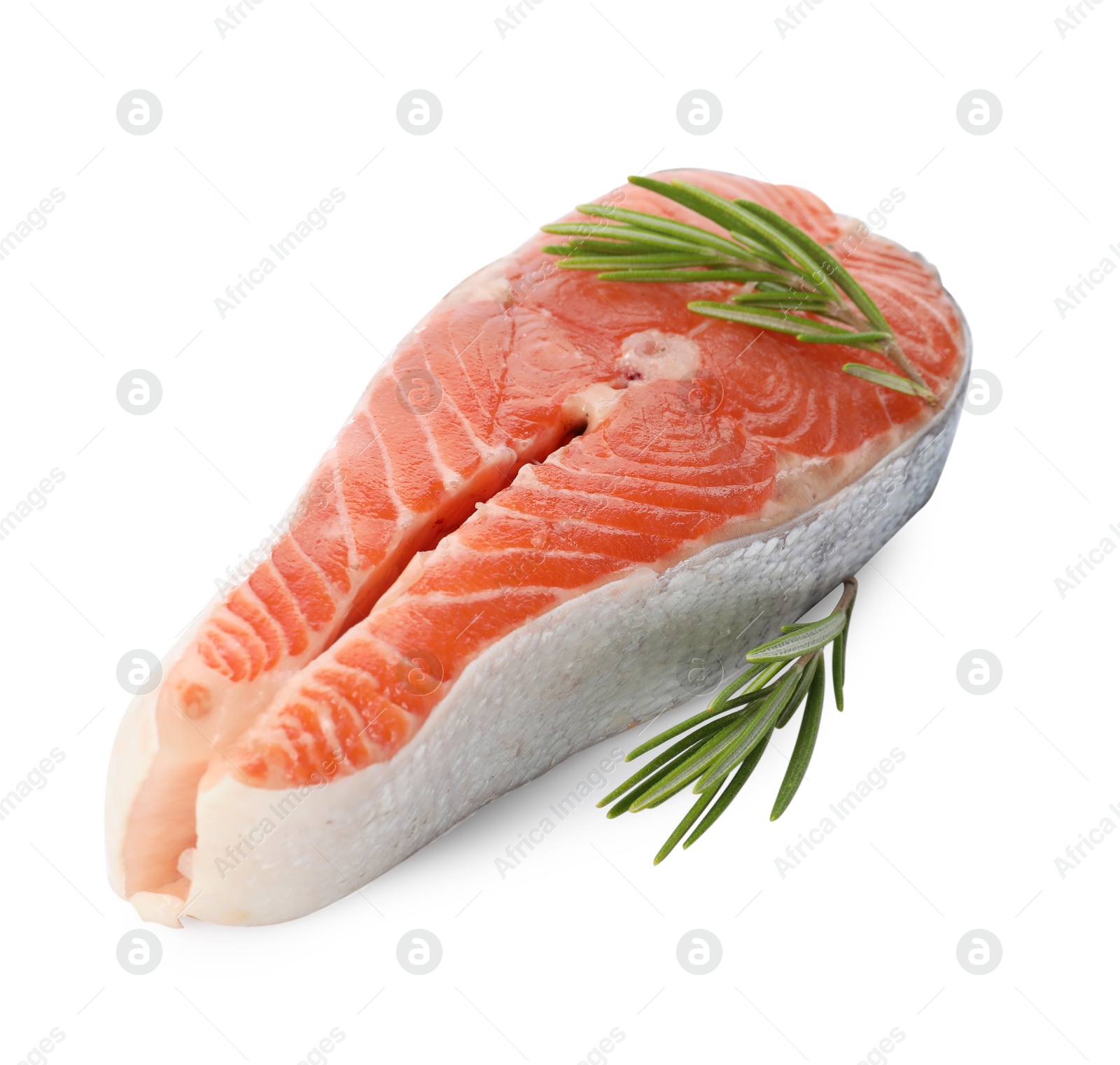 Photo of Fresh salmon steak and rosemary isolated on white