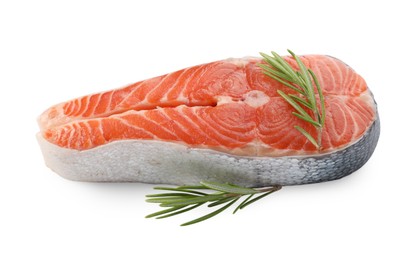 Photo of Fresh salmon steak and rosemary isolated on white