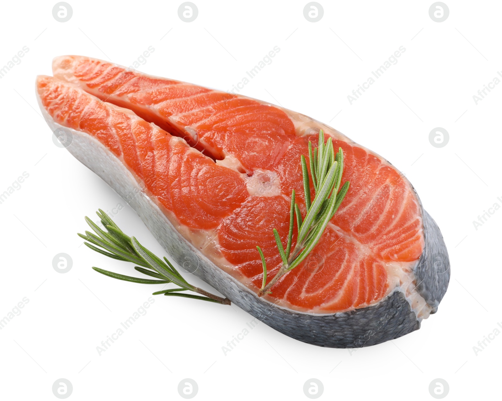 Photo of Fresh salmon steak and rosemary isolated on white