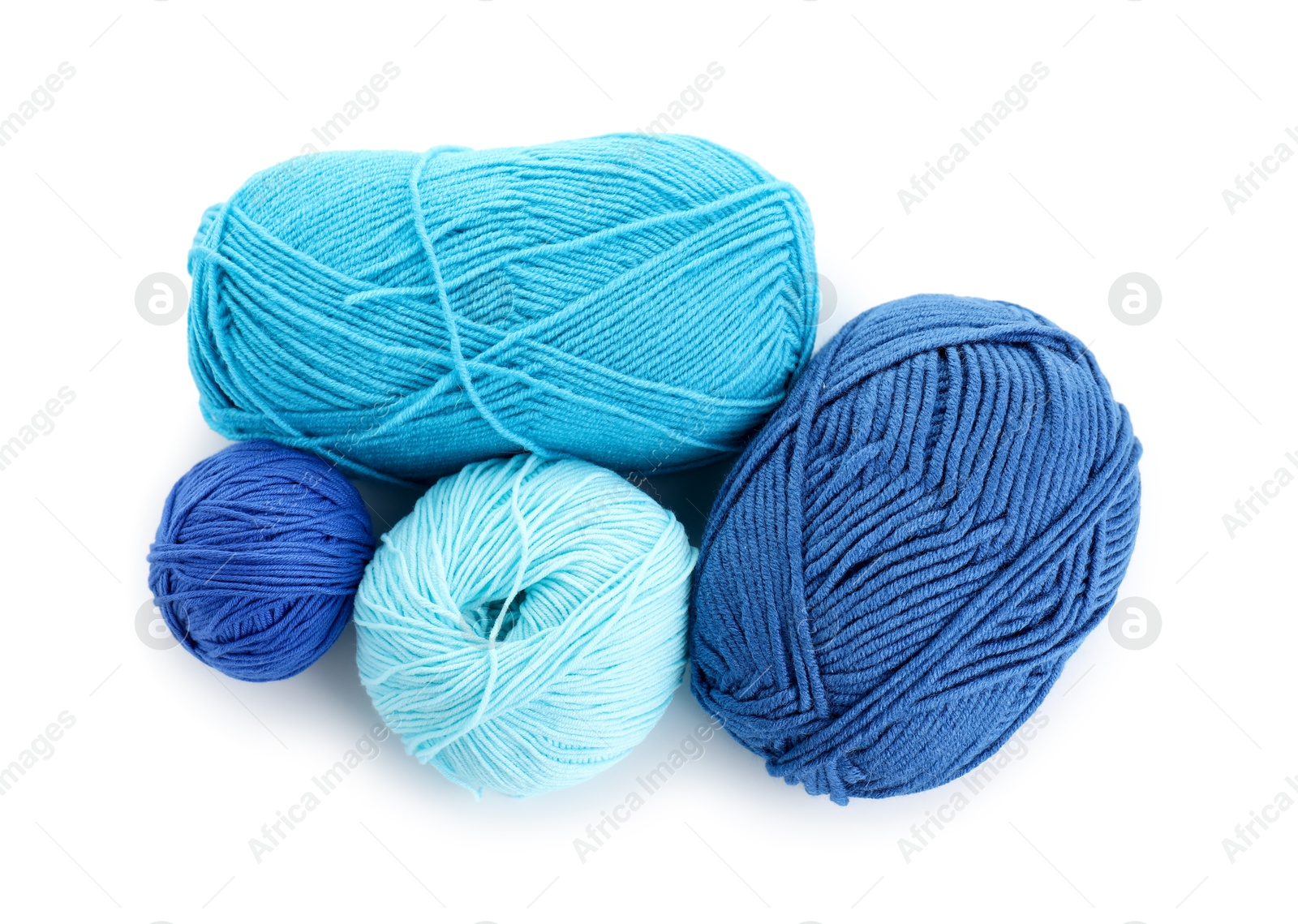 Photo of Many different bright yarns isolated on white, top view