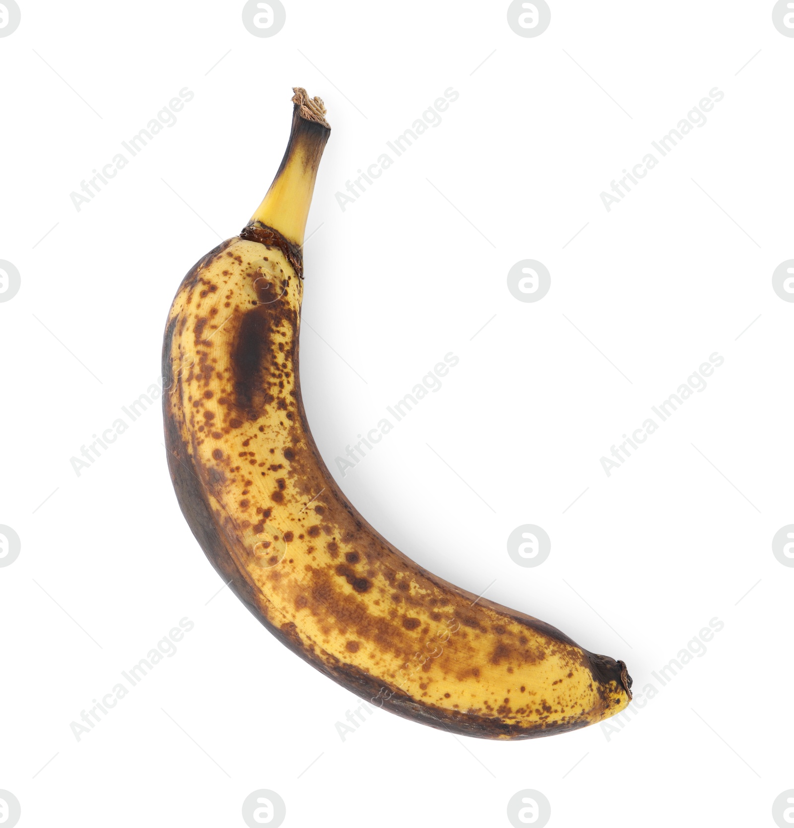 Photo of Overripe banana with dark spots isolated on white, top view