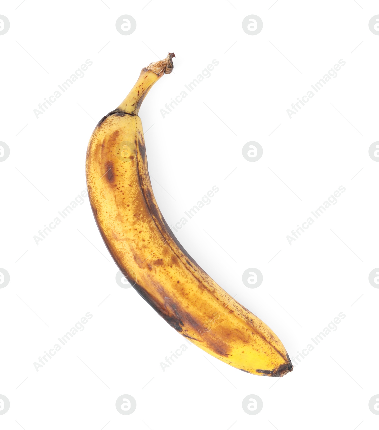 Photo of Overripe banana with dark spots isolated on white, top view