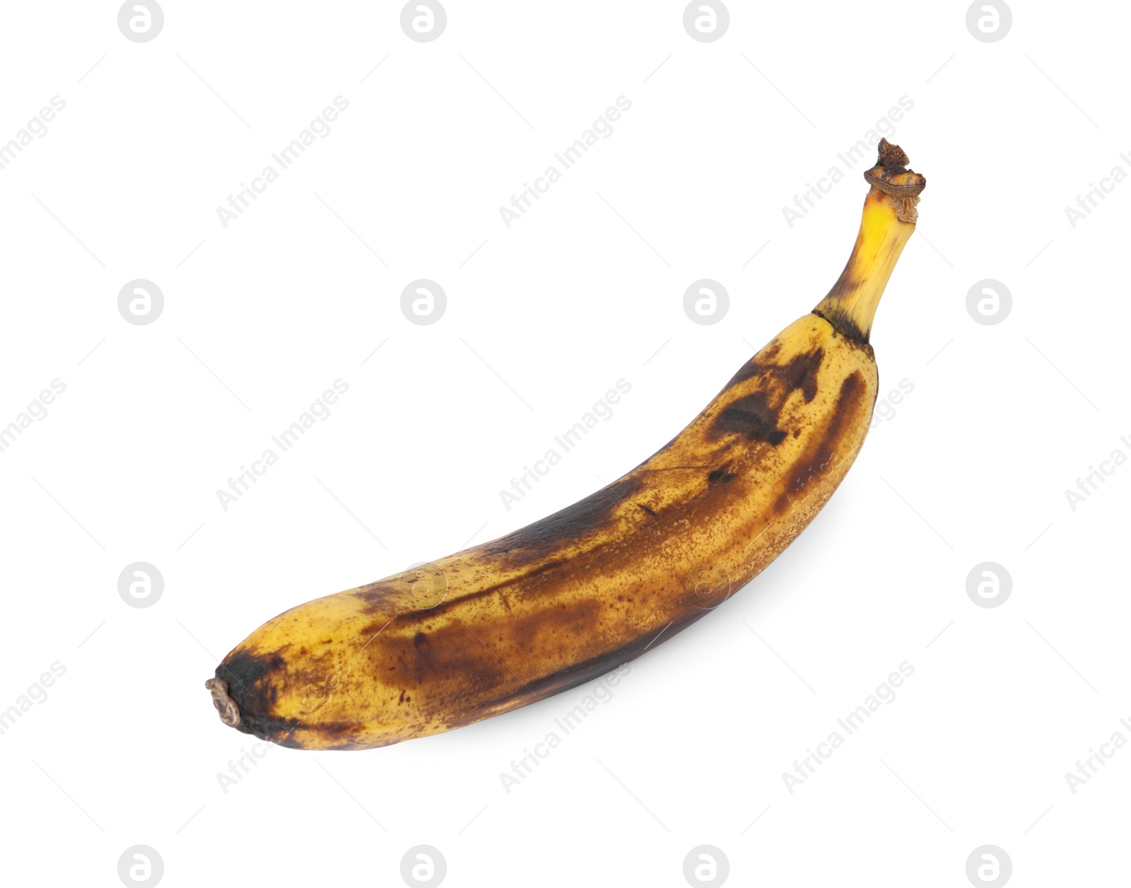 Photo of Overripe banana with dark spots isolated on white