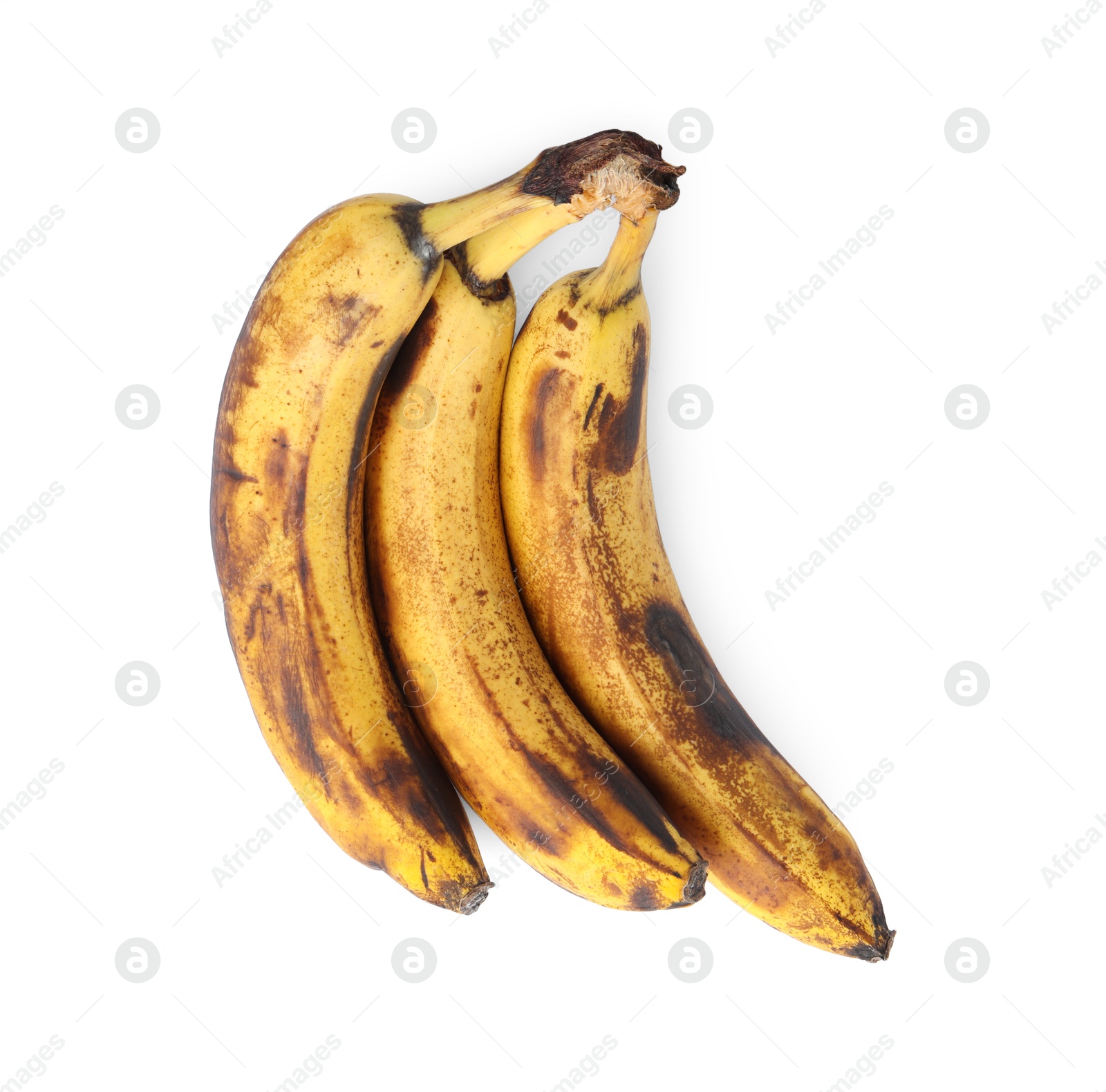 Photo of Bunch of ripe bananas with dark spots isolated on white, top view