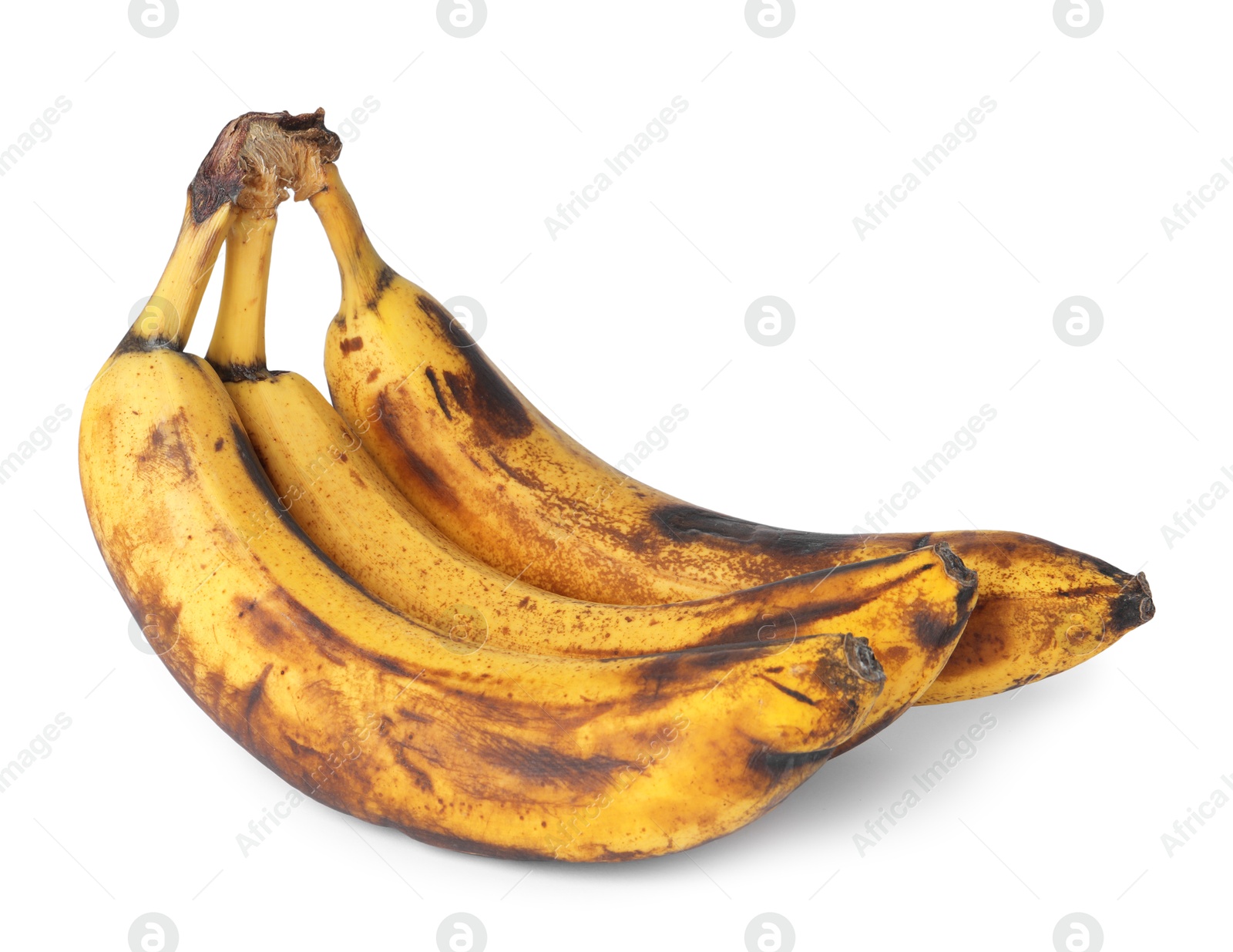 Photo of Bunch of ripe bananas with dark spots isolated on white