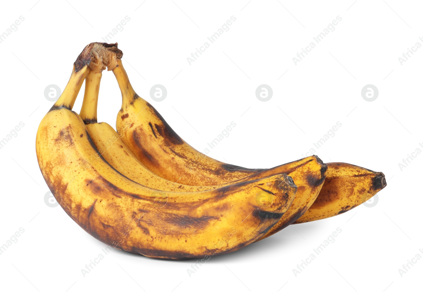 Photo of Bunch of ripe bananas with dark spots isolated on white