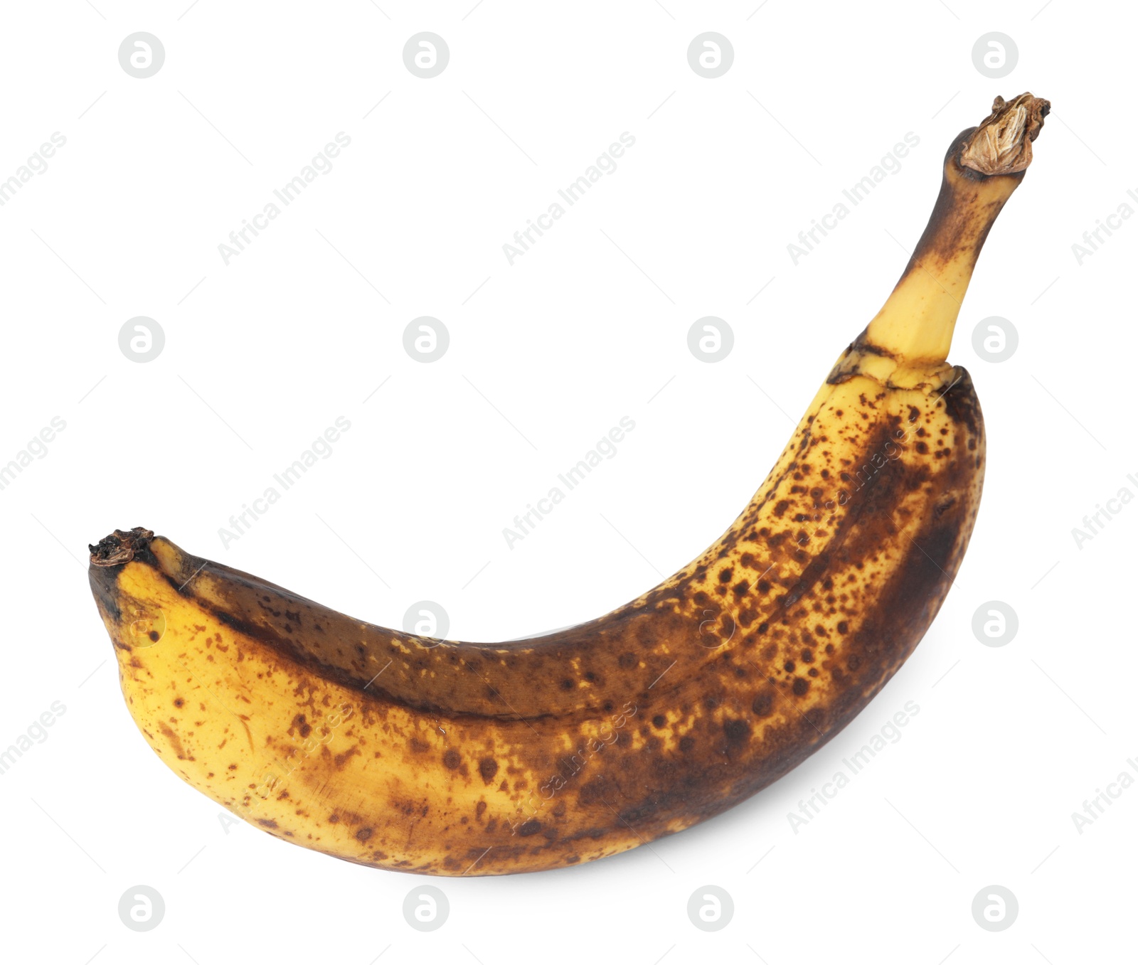 Photo of Overripe banana with dark spots isolated on white