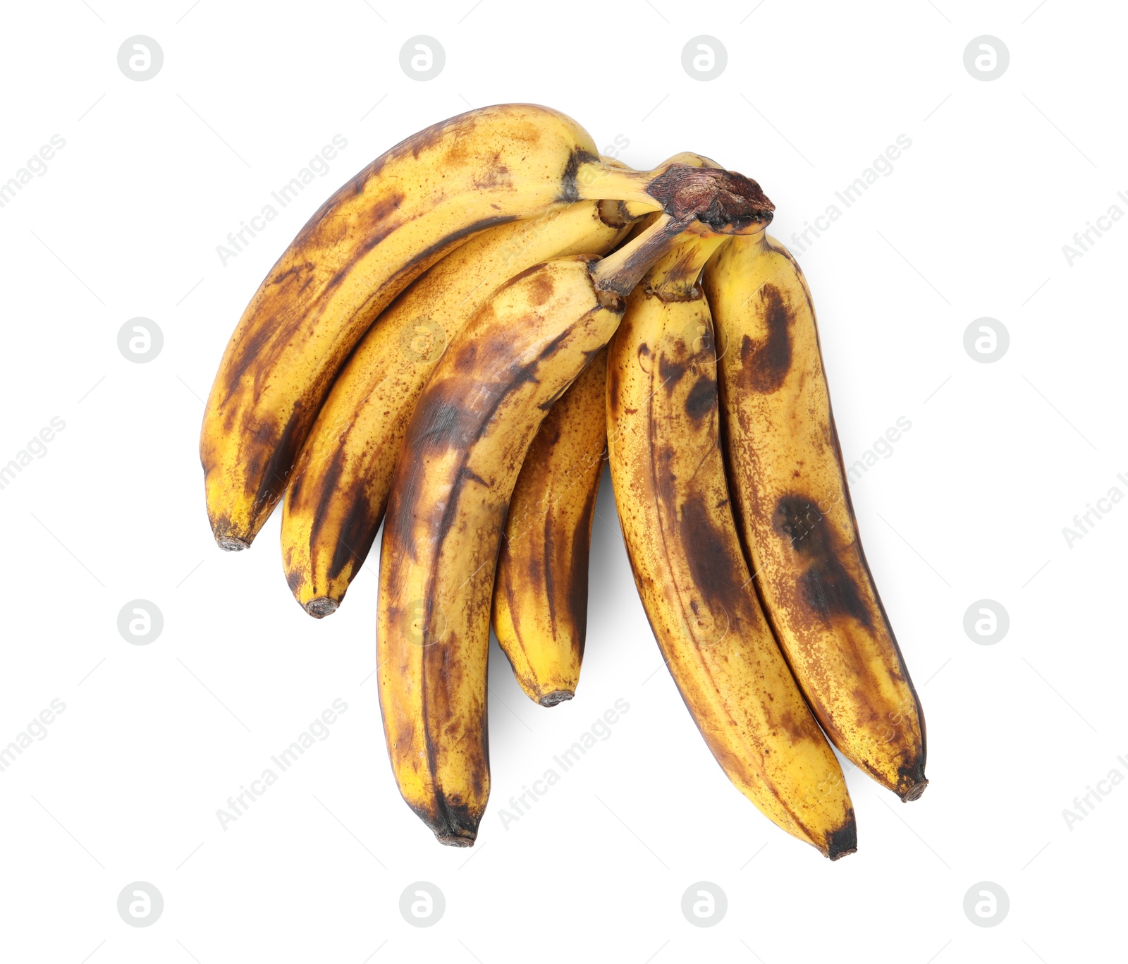 Photo of Bunch of ripe bananas with dark spots isolated on white, top view