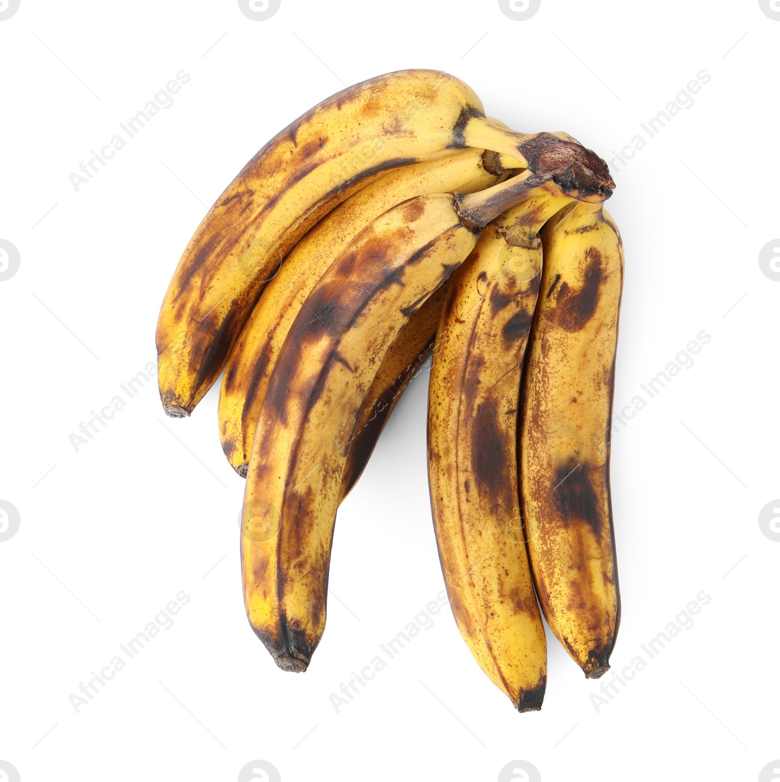 Photo of Bunch of ripe bananas with dark spots isolated on white, top view