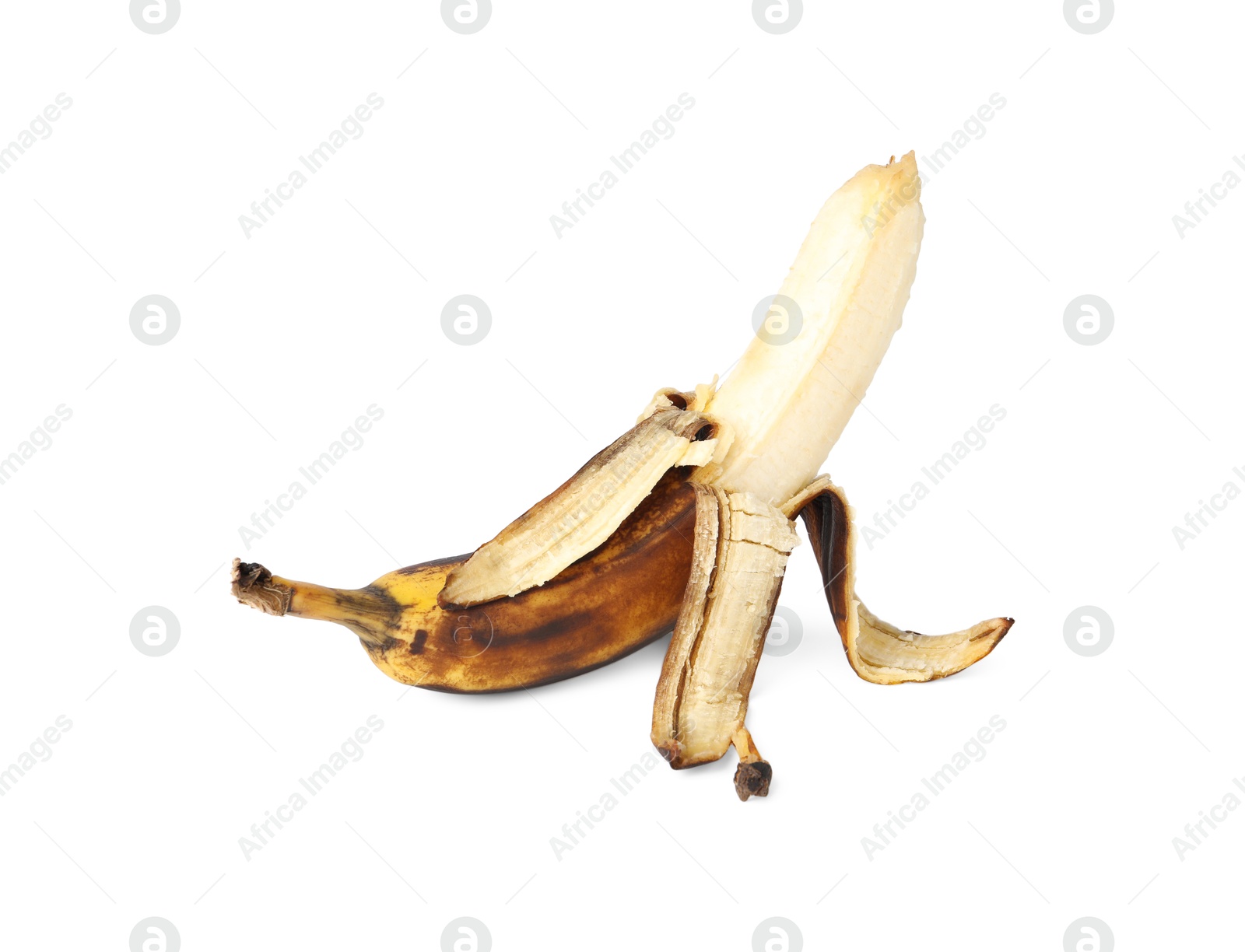 Photo of Overripe banana with dark spots isolated on white