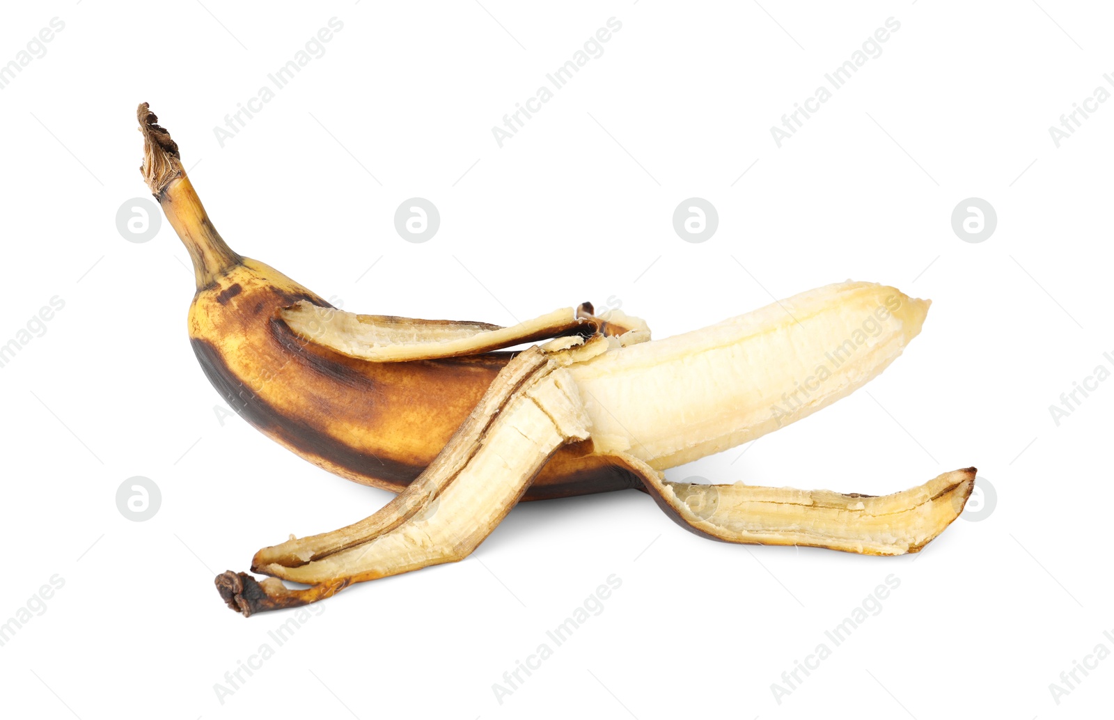 Photo of Overripe banana with dark spots isolated on white