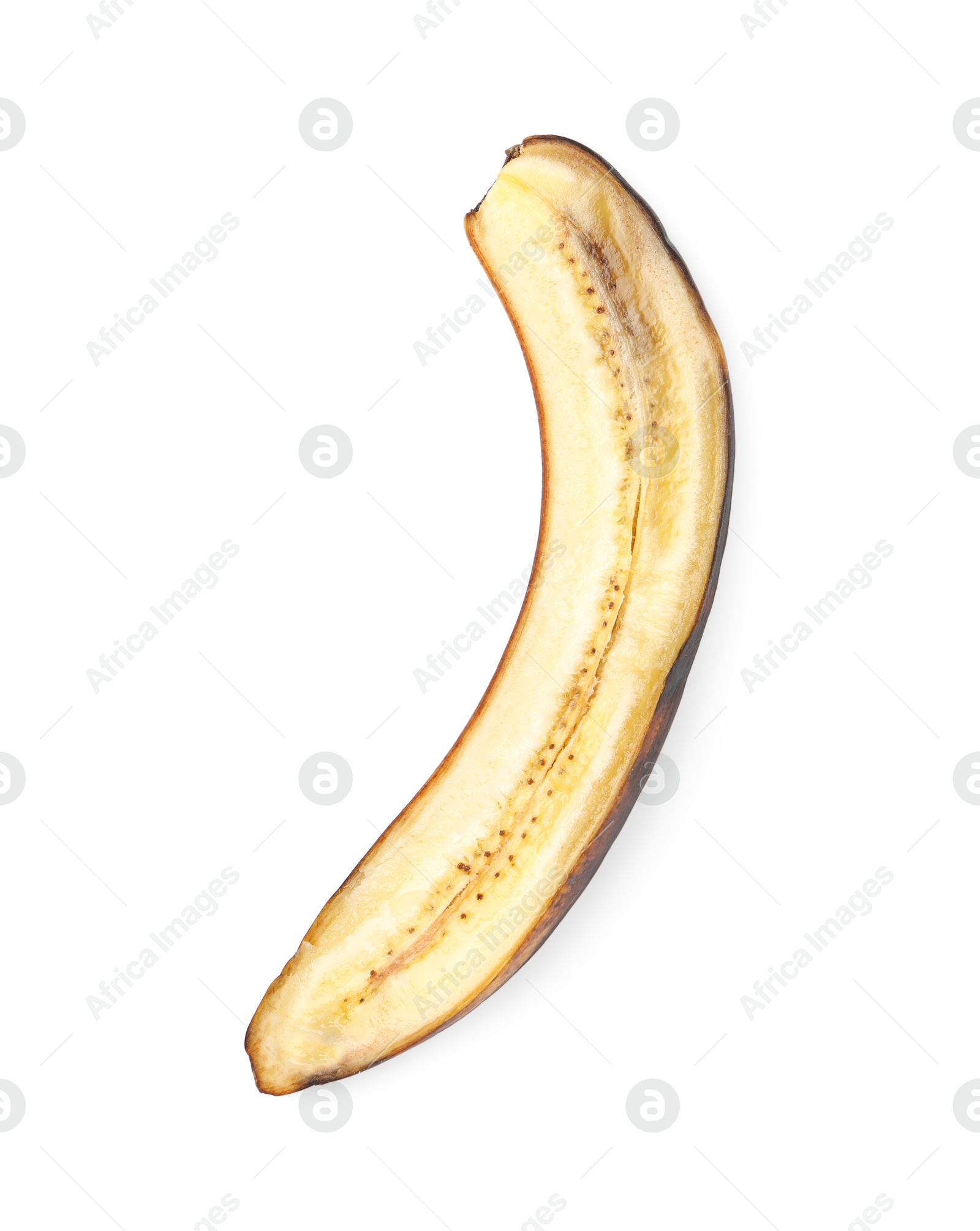 Photo of Half of overripe banana isolated on white, top view