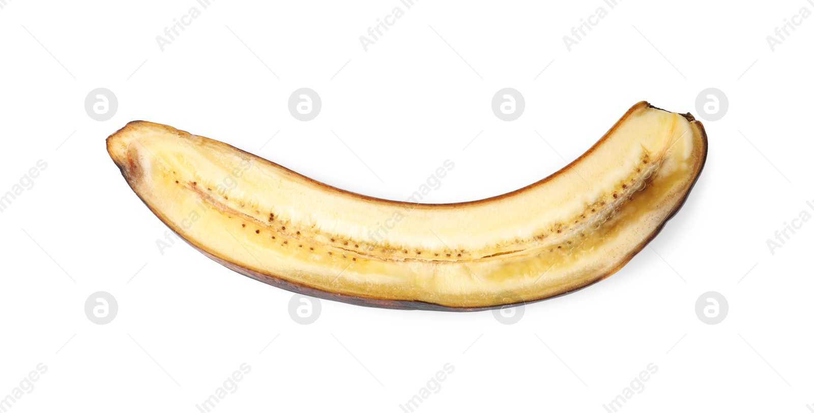 Photo of Half of overripe banana isolated on white, top view