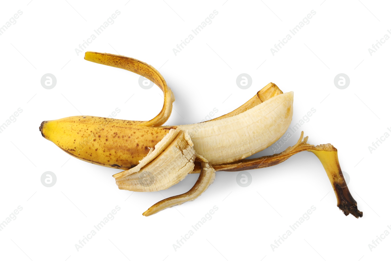 Photo of Ripe banana with dark spots isolated on white, top view