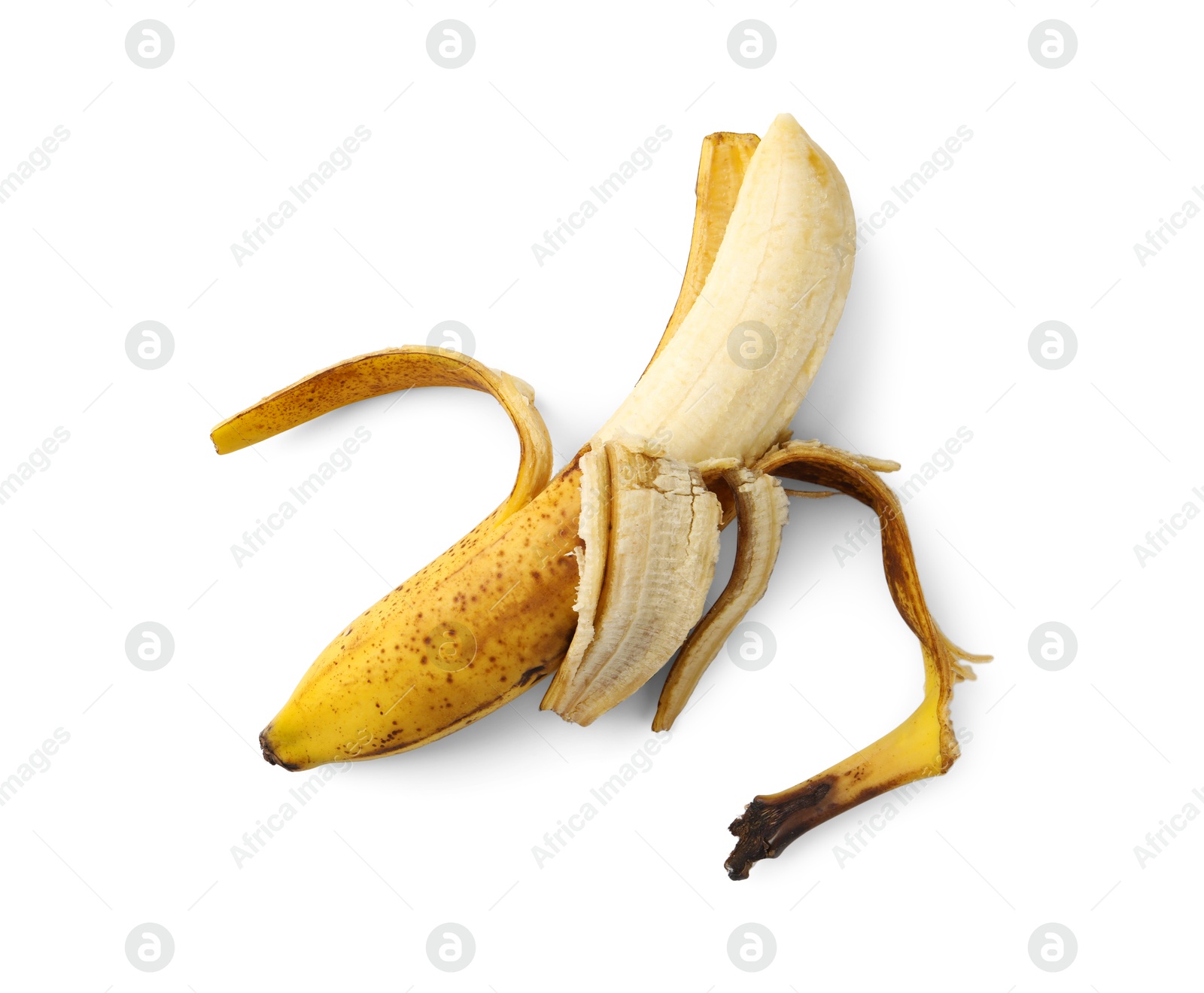 Photo of Ripe banana with dark spots isolated on white, top view