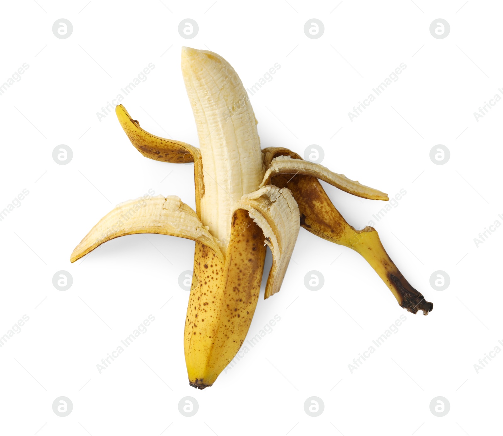 Photo of Ripe banana with dark spots isolated on white, top view