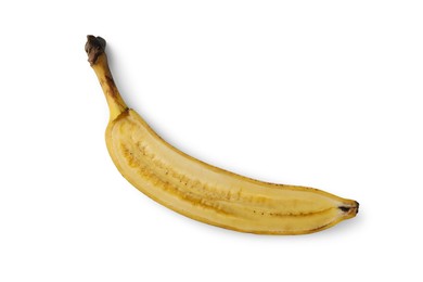 Photo of Half of ripe banana with dark spots isolated on white, top view