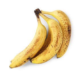 Photo of Bunch of ripe bananas with dark spots isolated on white, top view