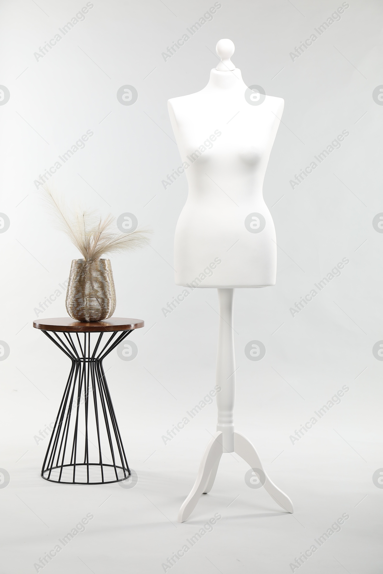 Photo of One female mannequin and coffee table with decorative plants on light background