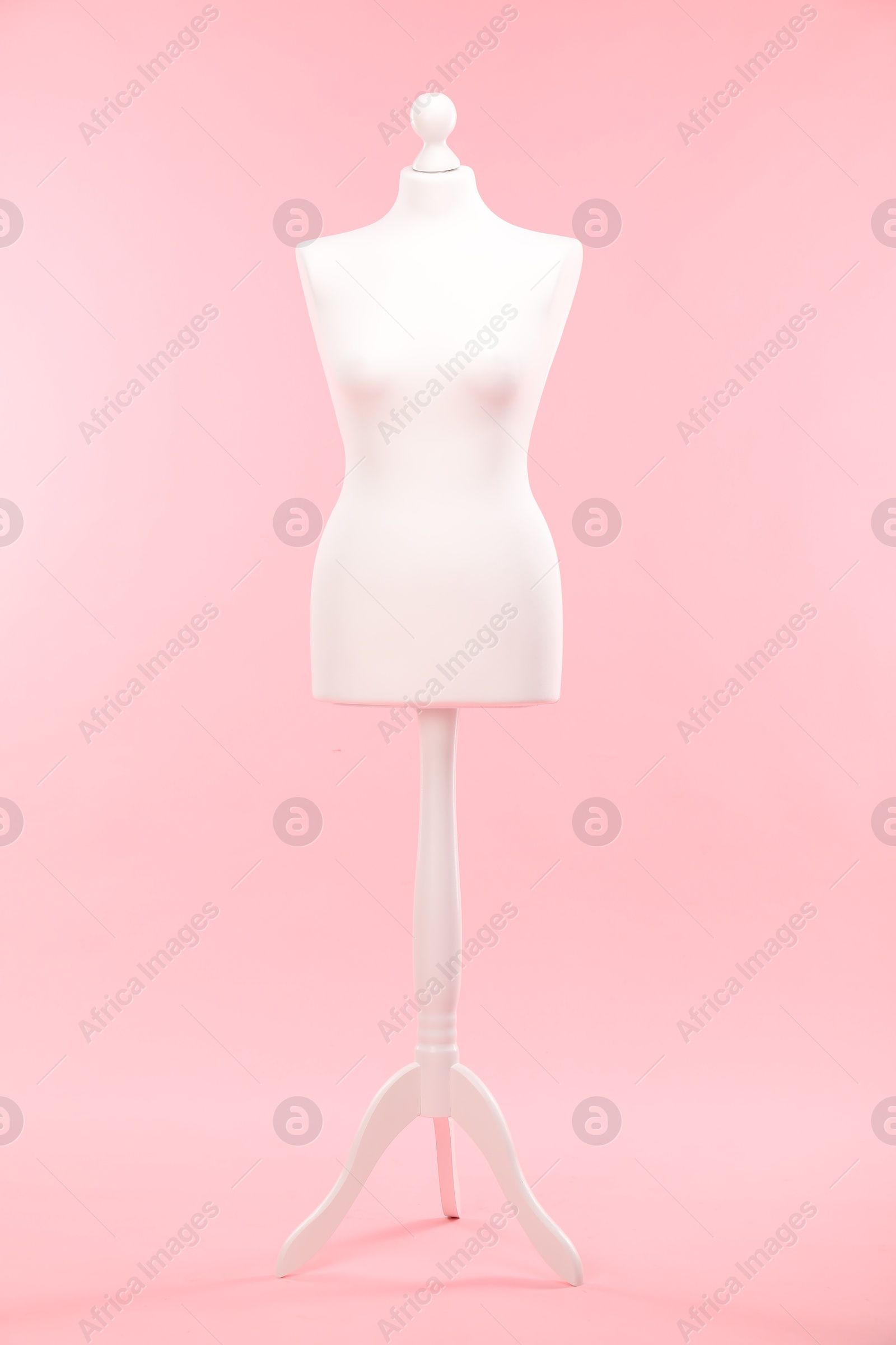 Photo of One female mannequin on stand against pink background