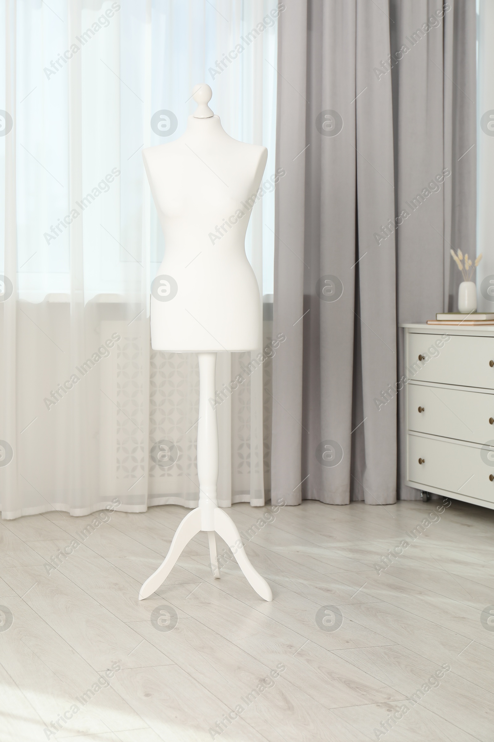 Photo of One female mannequin on stand near window indoors