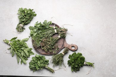 Photo of Different aromatic herbs on grey textured table, flat lay. Space for text