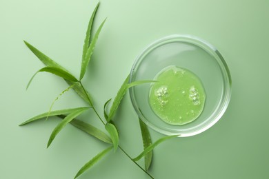 Photo of Petri dish with cosmetic product and leaves on green background, flat lay