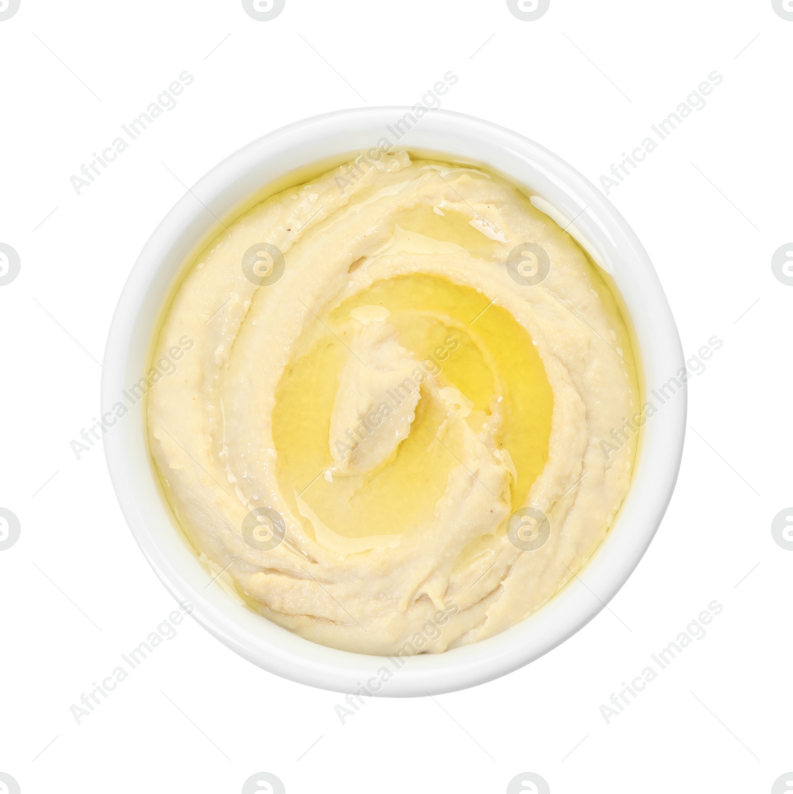 Photo of Delicious hummus with olive oil isolated on white, top view