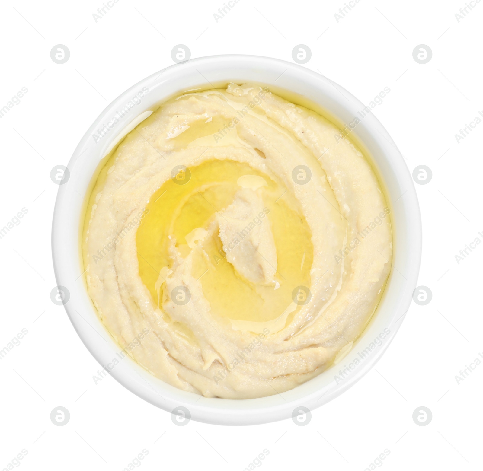 Photo of Delicious hummus with olive oil isolated on white, top view