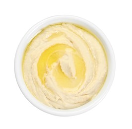 Delicious hummus with olive oil isolated on white, top view