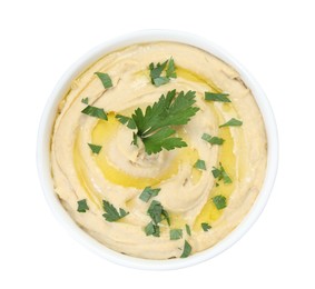 Photo of Delicious hummus with olive oil and parsley isolated on white, top view