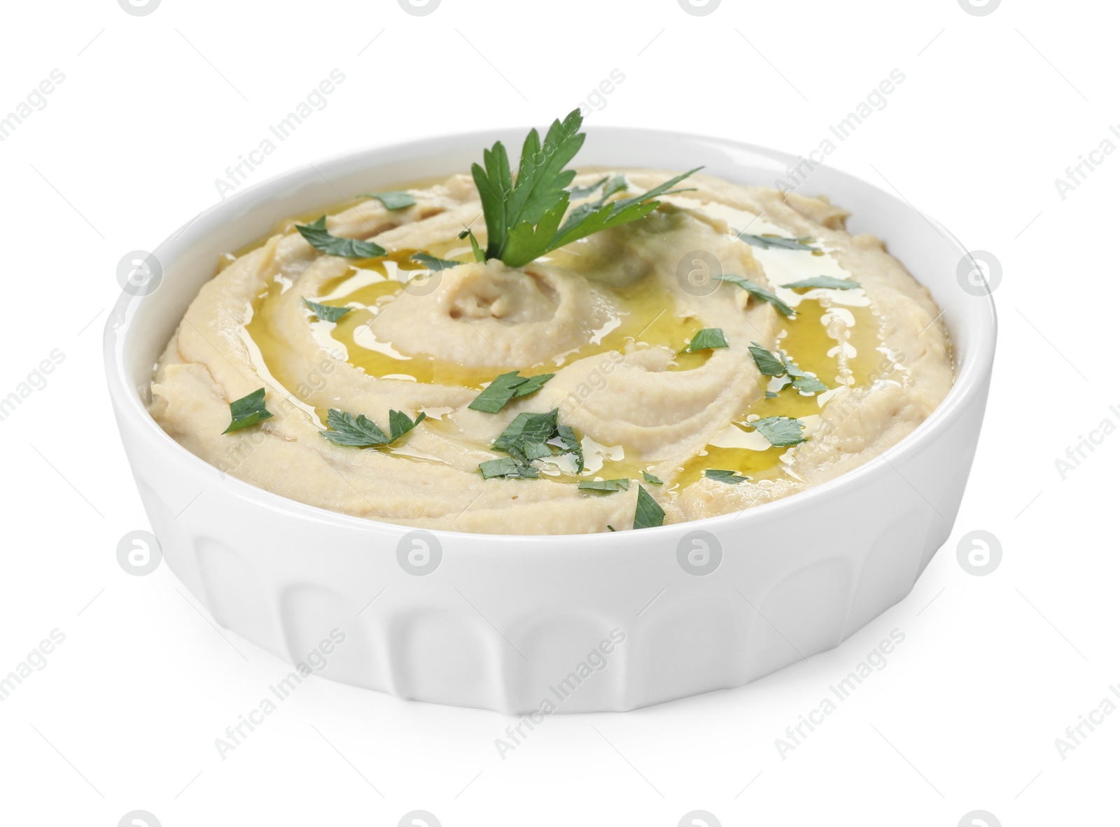 Photo of Delicious hummus with olive oil and parsley isolated on white