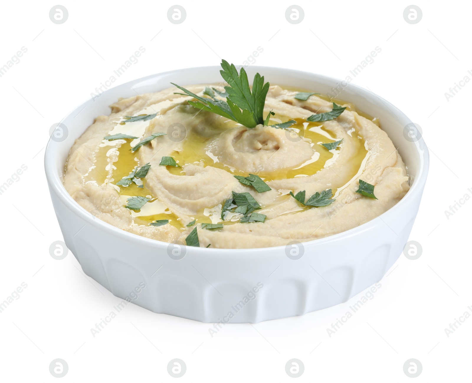 Photo of Delicious hummus with olive oil and parsley isolated on white