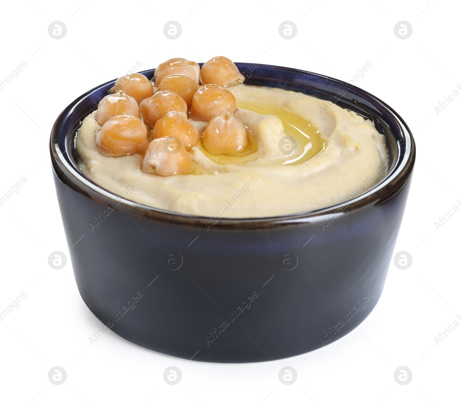 Photo of Delicious hummus with olive oil and chickpeas isolated on white