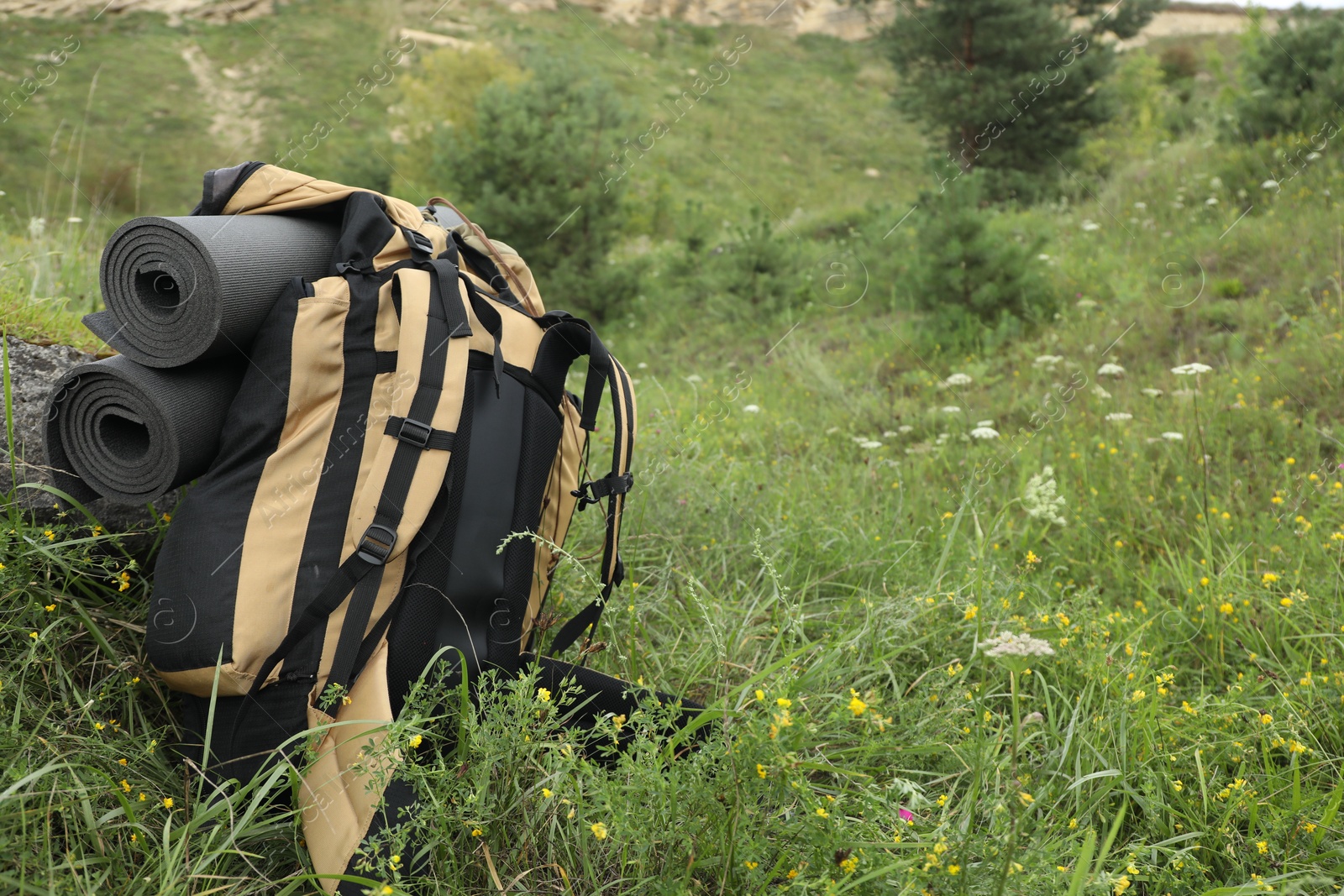 Photo of Backpack with mats on green grass outdoors, space for text