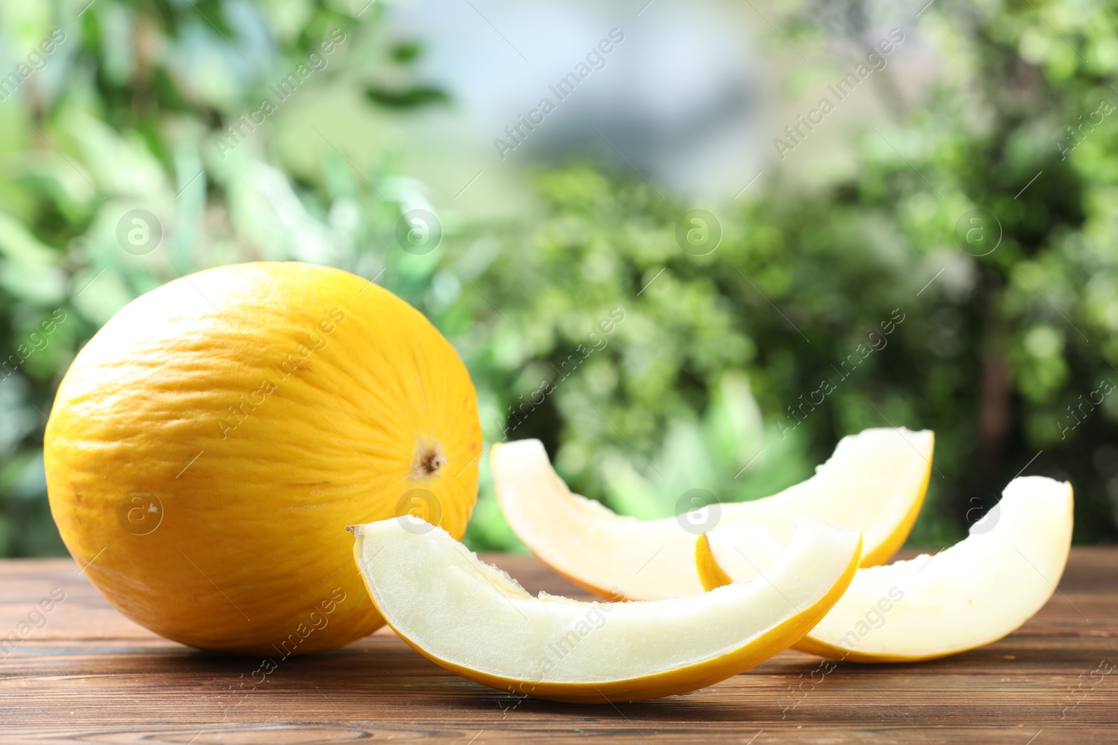 Photo of Fresh ripe melons on wooden table outdoors