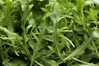 Photo of Many fresh arugula leaves with water drops as background, above view