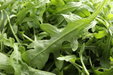 Photo of Many fresh arugula leaves with water drops as background, closeup